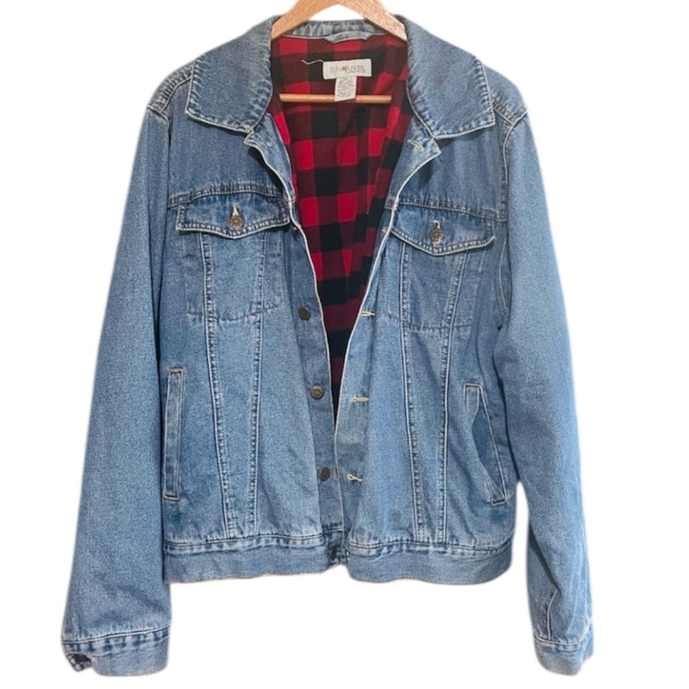 Vintage Sun River Utility Buffalo Plaid Lined Denim Jacket Workwear Trucker M